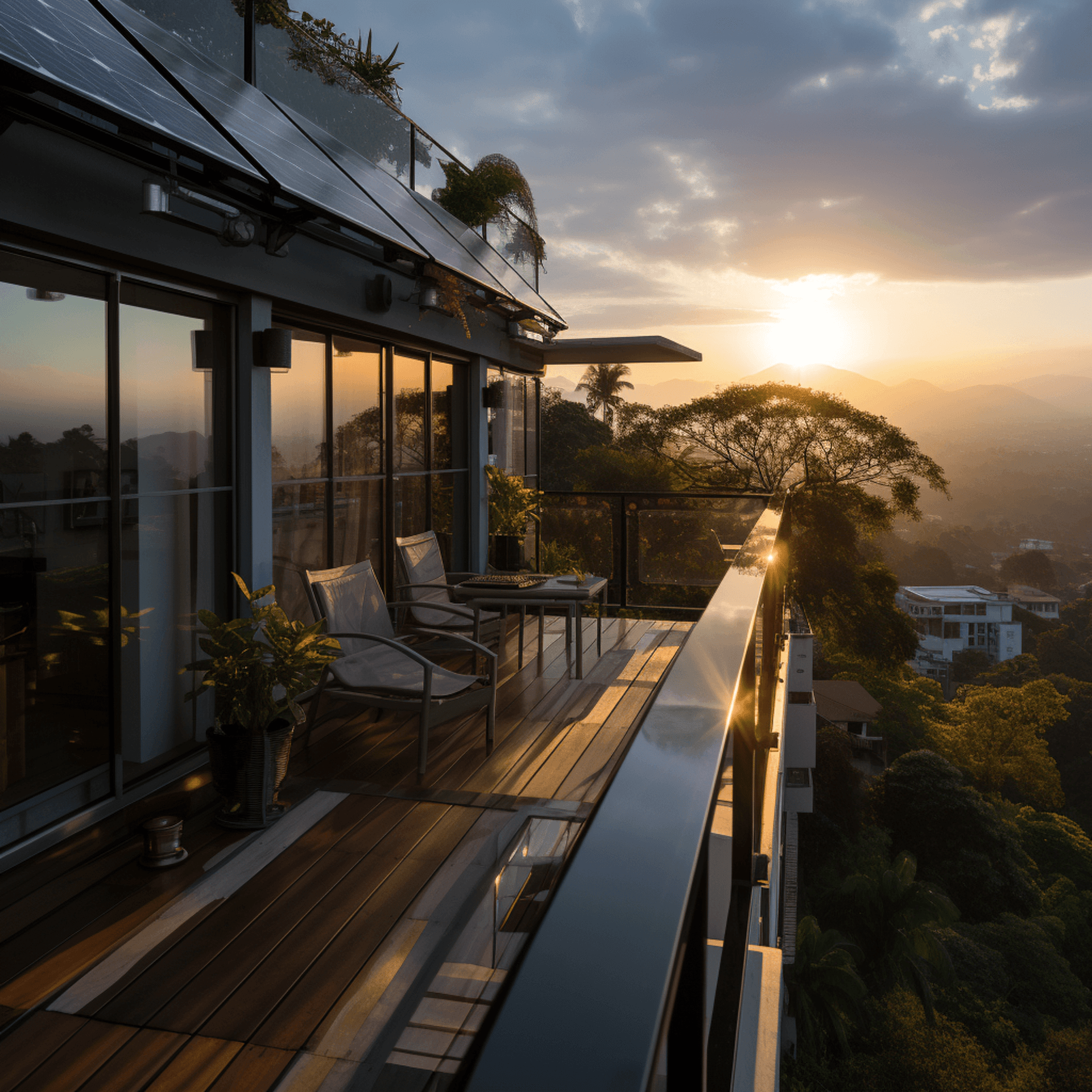 Terrasse d’une maison équipée de panneaux solaires, face au soleil couchant sur les hauteurs
